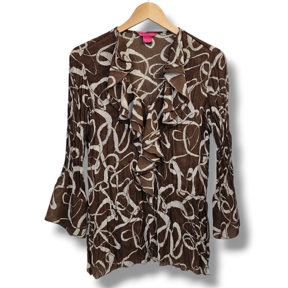 Y2K Sunny Leigh Top‎ M Brown White Ruffle Bell Sleeve Crinkle Fairy Whimsy Boho